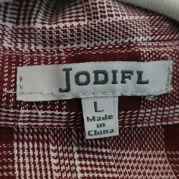 JODIFL Plaid Midi Shirt Dress Womens Large Red Burgundy Boho Cottagecore Western - Picture 14 of 15
